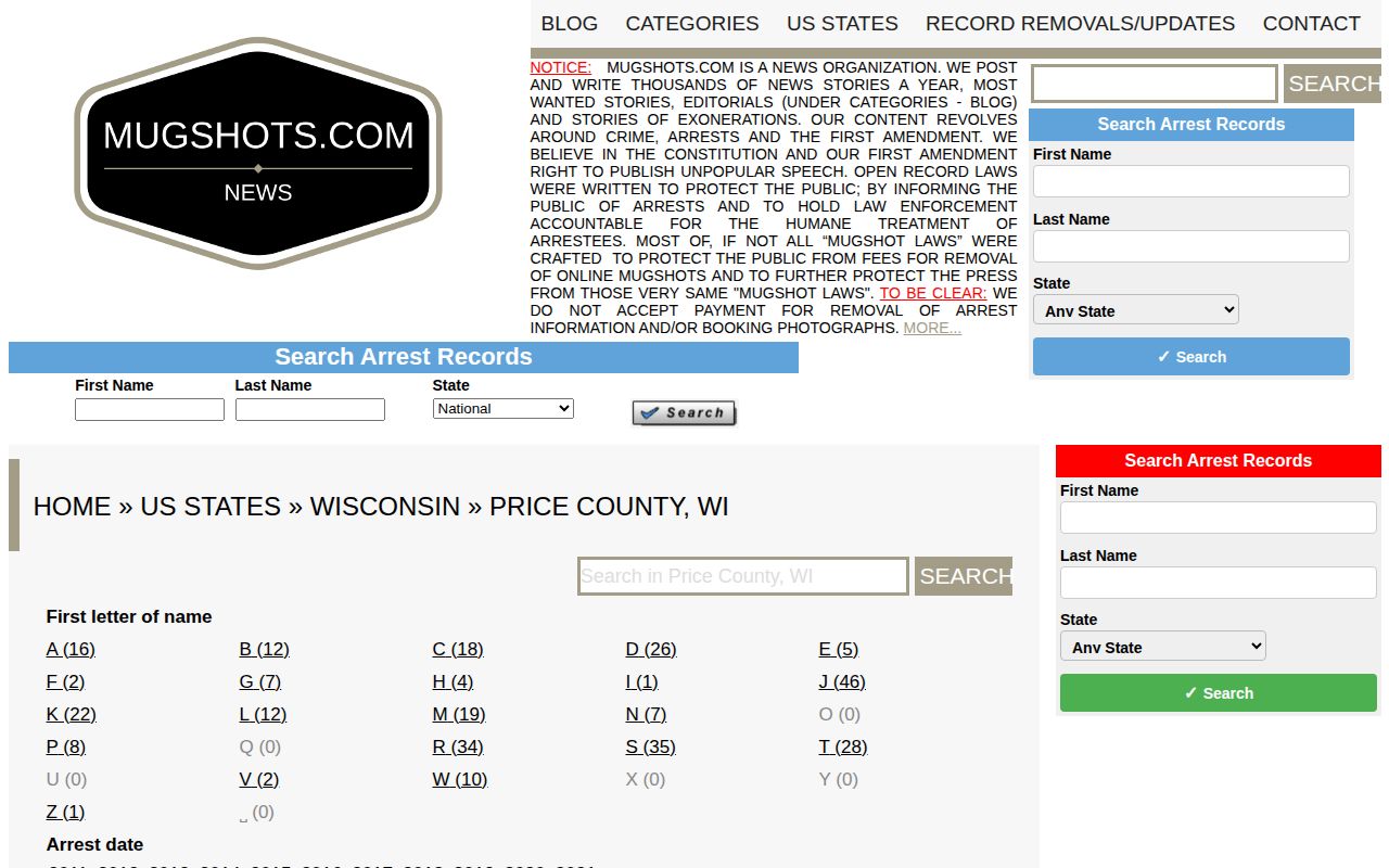 Unofficial Mugshots.com Price County listing, not an official custody or conviction record
