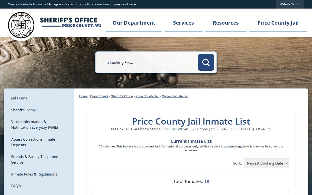 Price County Jail current custody roster interface