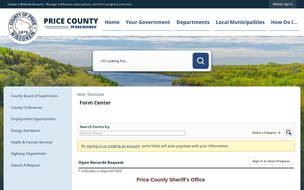 Price County Sheriff booking-record request form