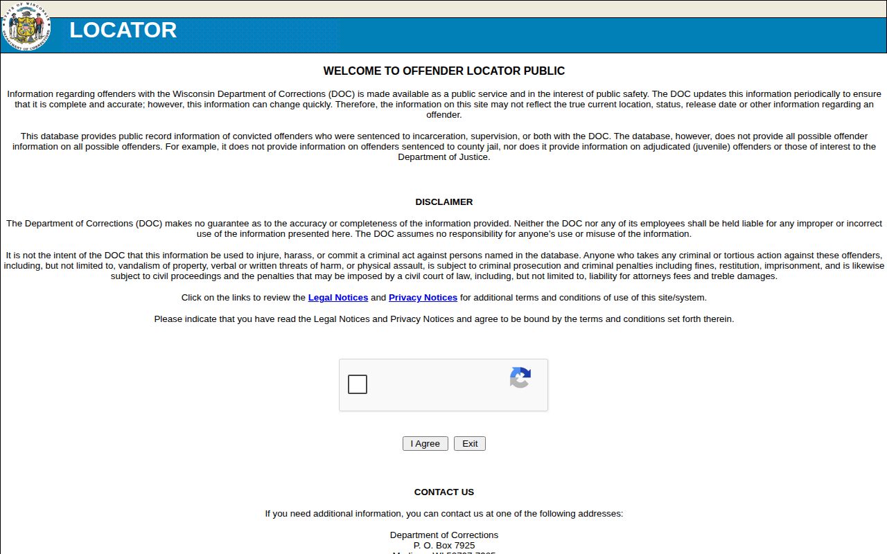 Wisconsin DOC offender locator for Price County custody follow-up